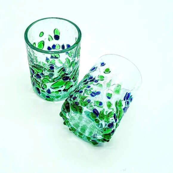 Hand Crafted Other - Handblown Blue Green Fused Glass Tumblers (2)